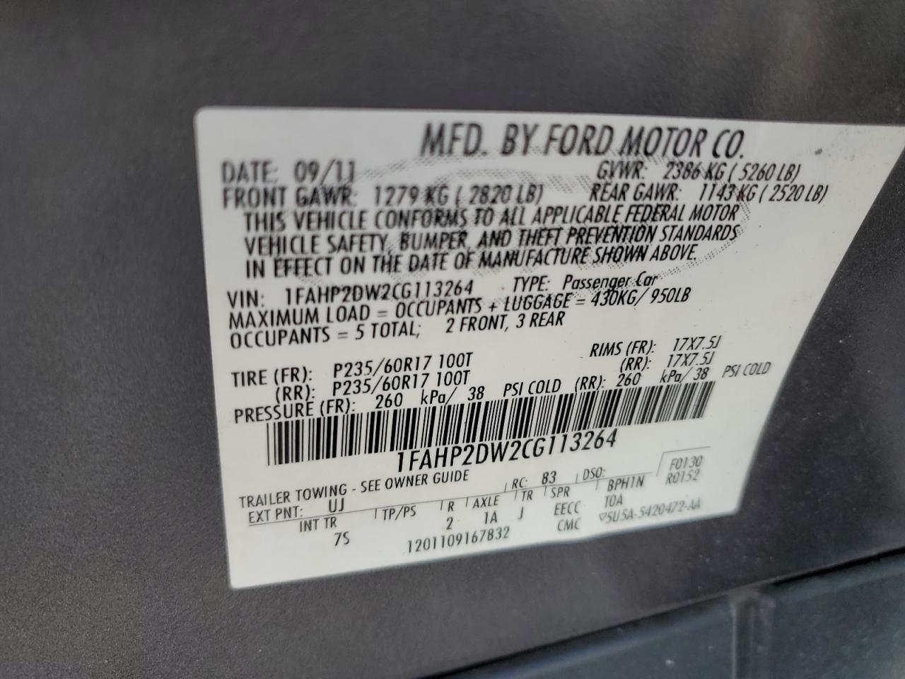 1FAHP2DW2CG113264 2012 Ford Taurus Se