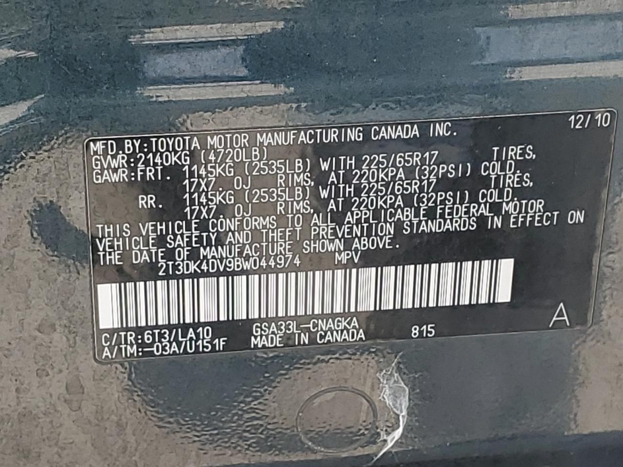 2011 Toyota Rav4 Limited VIN: 2T3DK4DV9BW044974 Lot: 65805094