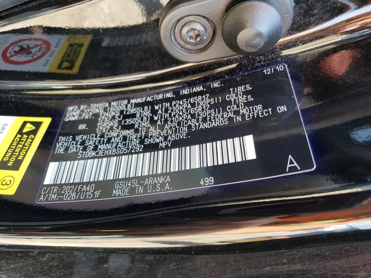 2011 Toyota Highlander Base VIN: 5TDBK3EHXBS057292 Lot: 67776364