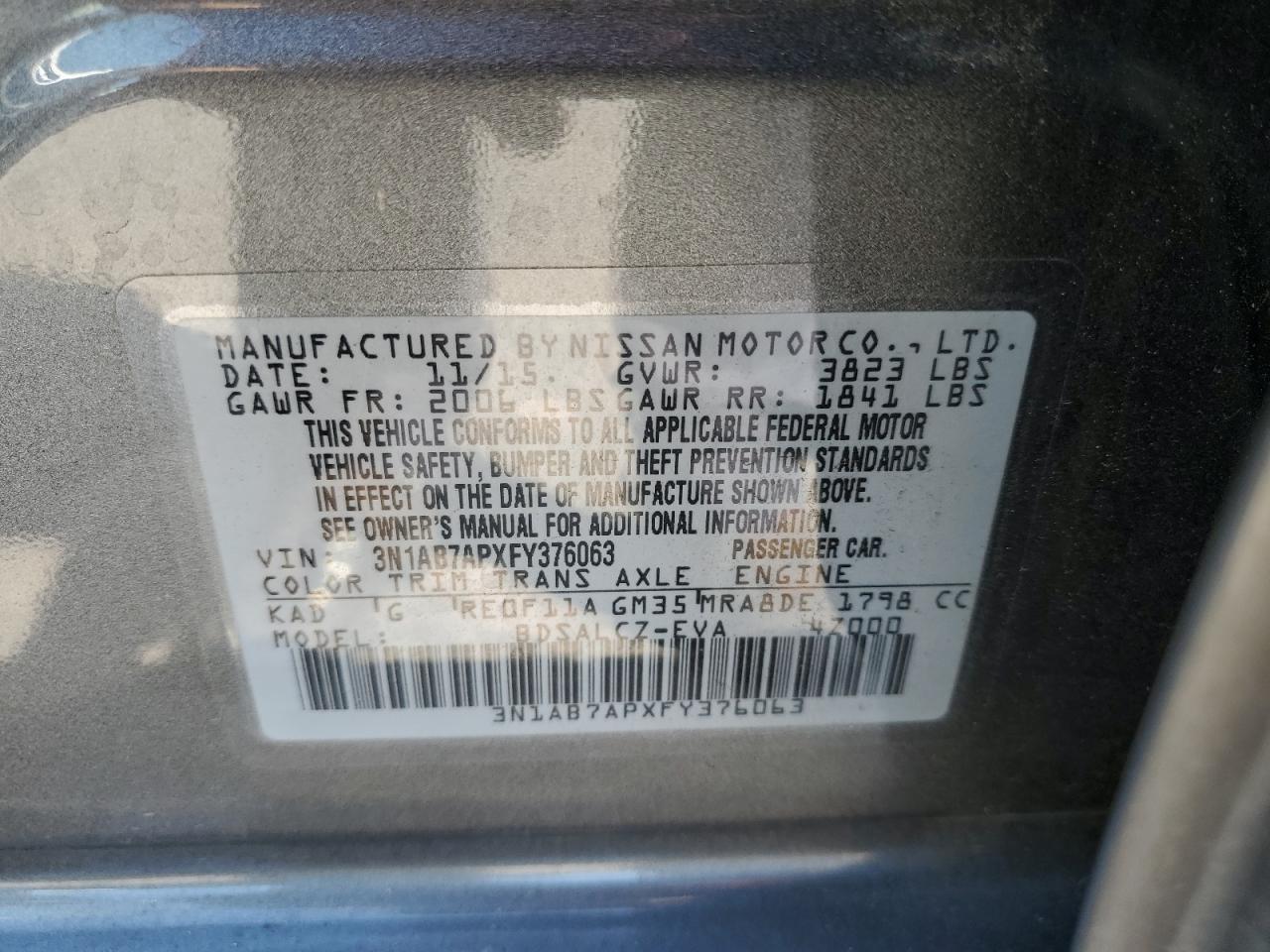 3N1AB7APXFY376063 2015 Nissan Sentra S