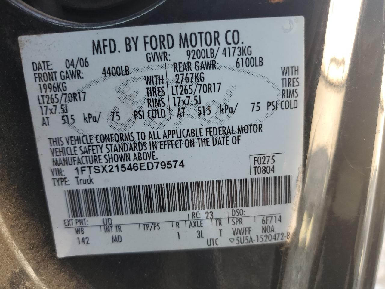 1FTSX21546ED79574 2006 Ford F250 Super Duty