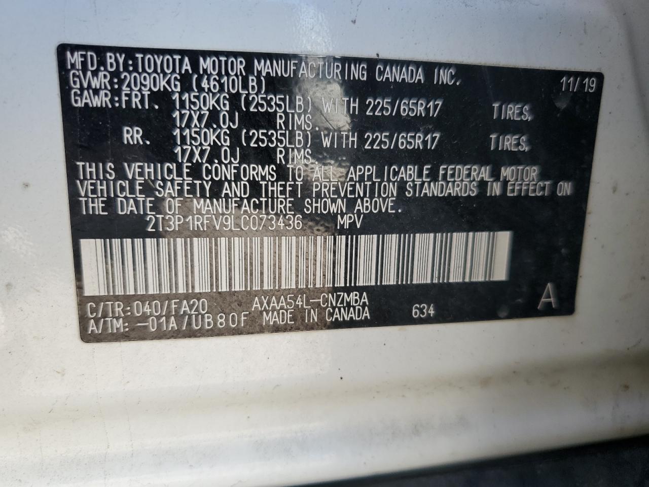 2T3P1RFV9LC073436 2020 Toyota Rav4 Xle