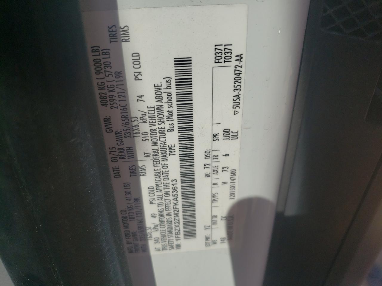 2015 Ford Transit T-350 VIN: 1FBZX2ZM2FKA53613 Lot: 67630654