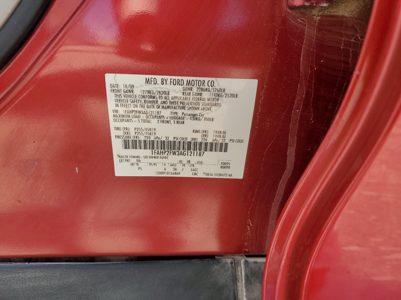 1FAHP2FW3AG121187 2010 Ford Taurus Limited