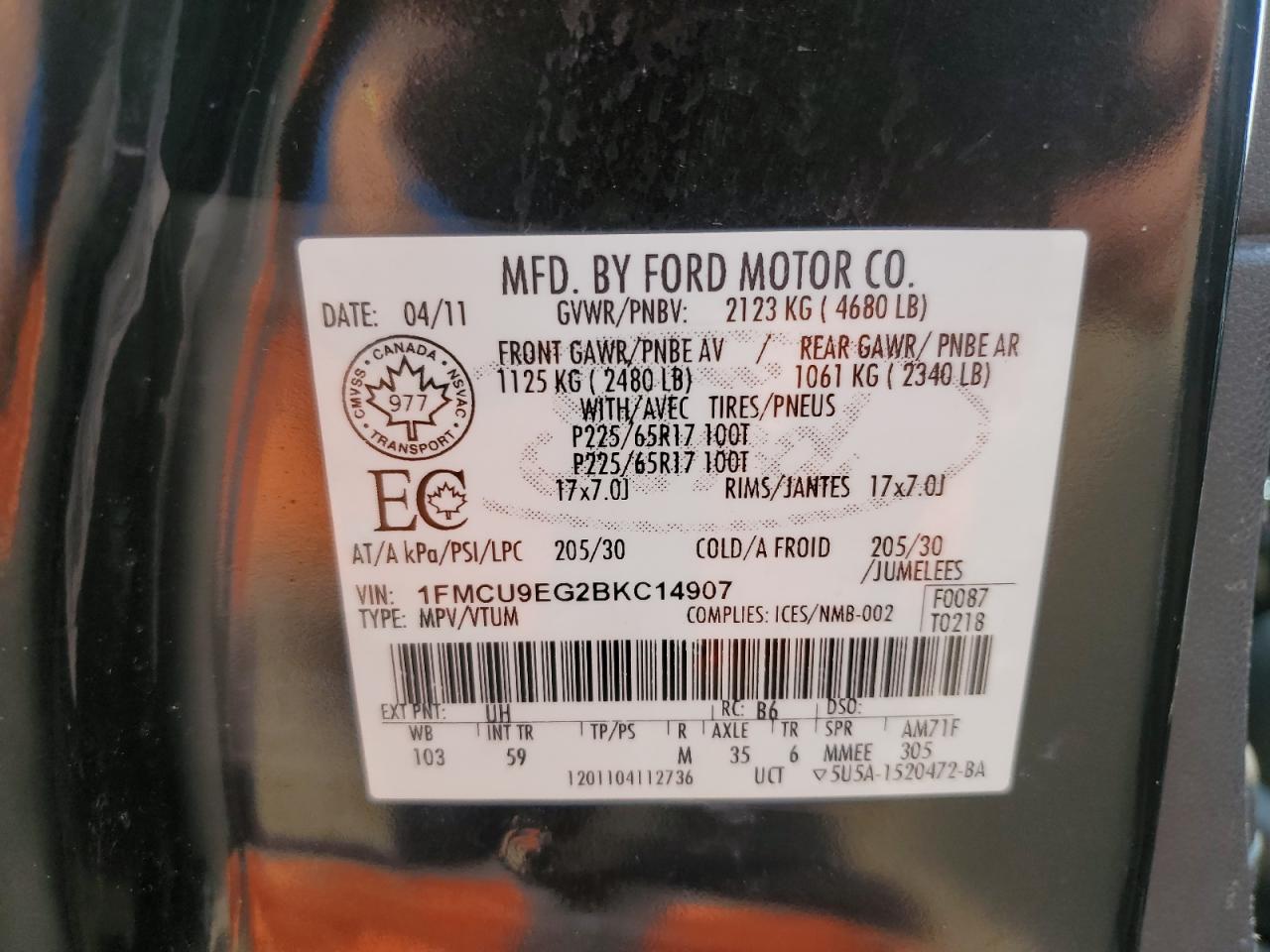 2011 Ford Escape Limited VIN: 1FMCU9EG2BKC14907 Lot: 67890604