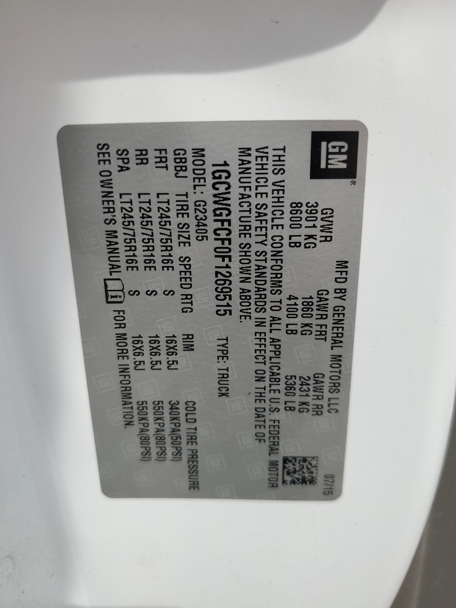 1GCWGFCF0F1269515 2015 Chevrolet Express G2500