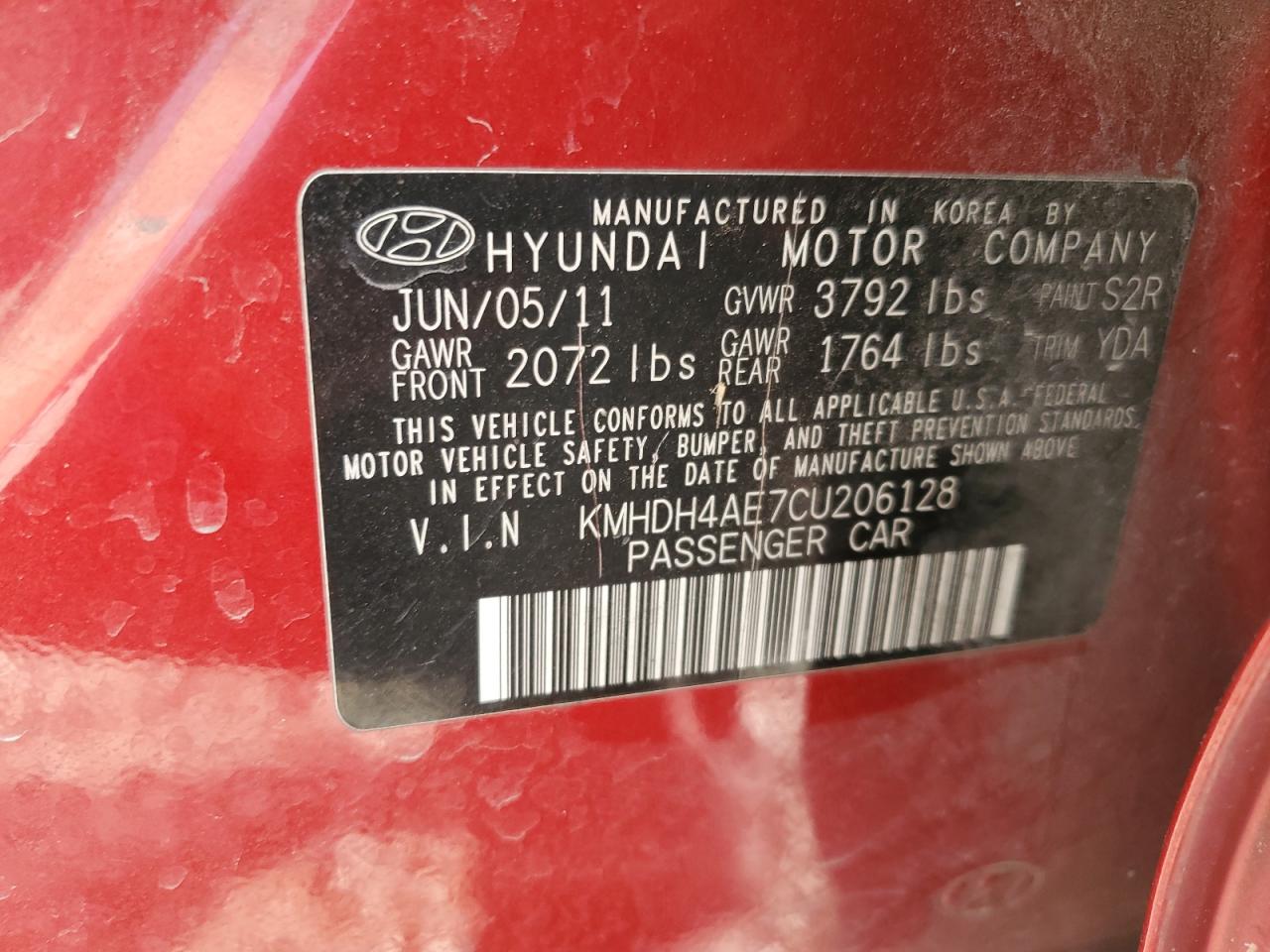 2012 Hyundai Elantra Gls VIN: KMHDH4AE7CU206128 Lot: 66028524