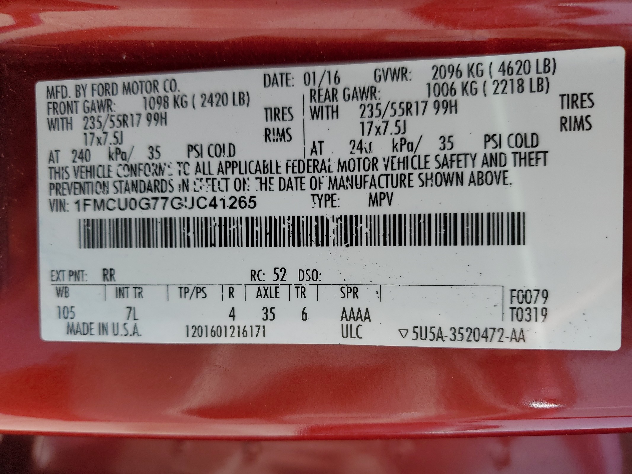 1FMCU0G77GUC41265 2016 Ford Escape Se