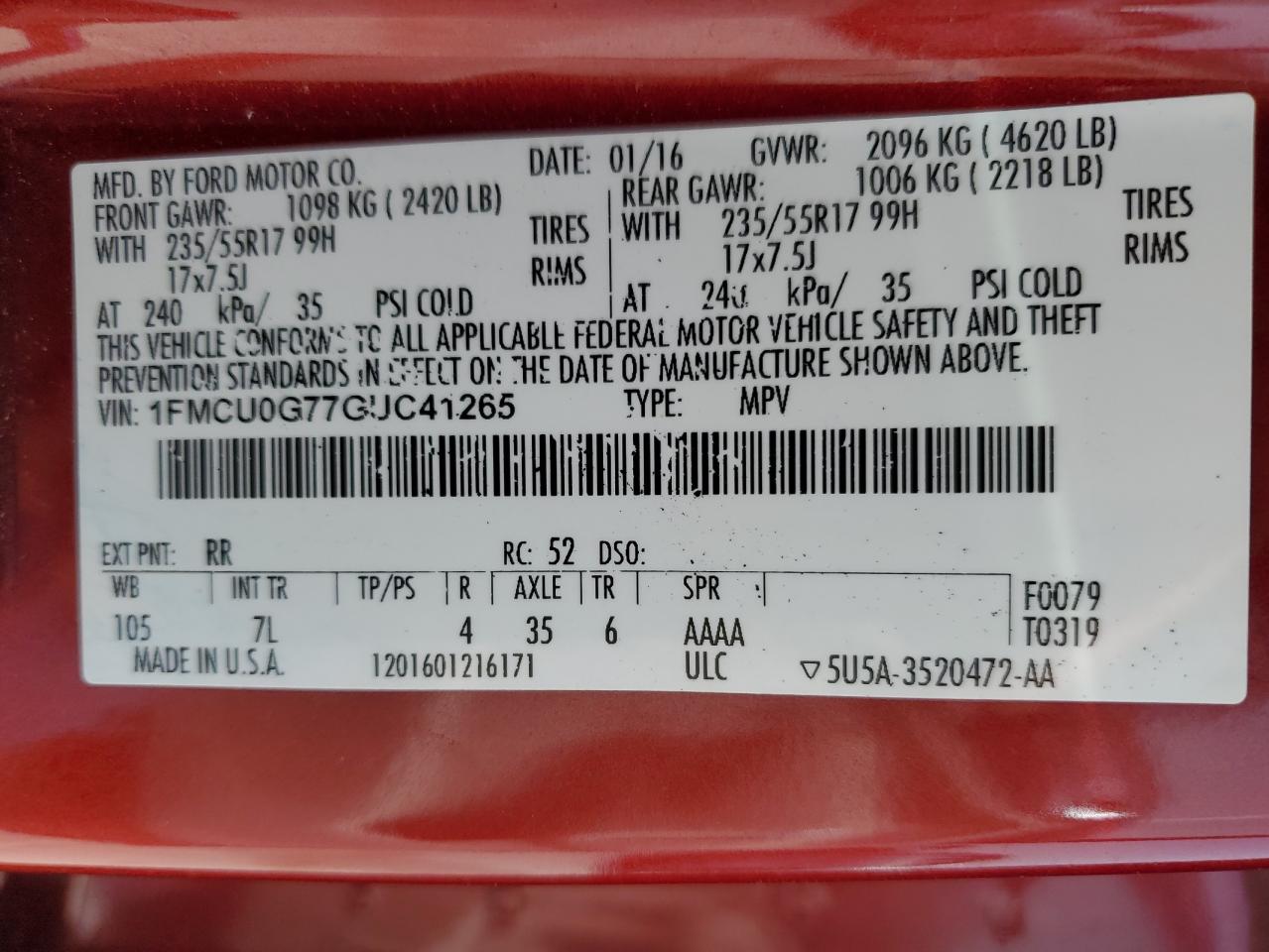 2016 Ford Escape Se VIN: 1FMCU0G77GUC41265 Lot: 65816794