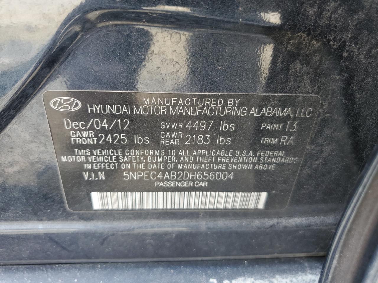 2013 Hyundai Sonata Se VIN: 5NPEC4AB2DH656004 Lot: 66109054