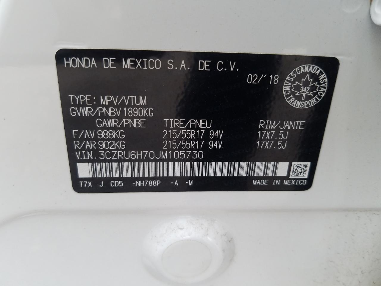 2018 Honda Hr-V Exl VIN: 3CZRU6H70JM105730 Lot: 66590154