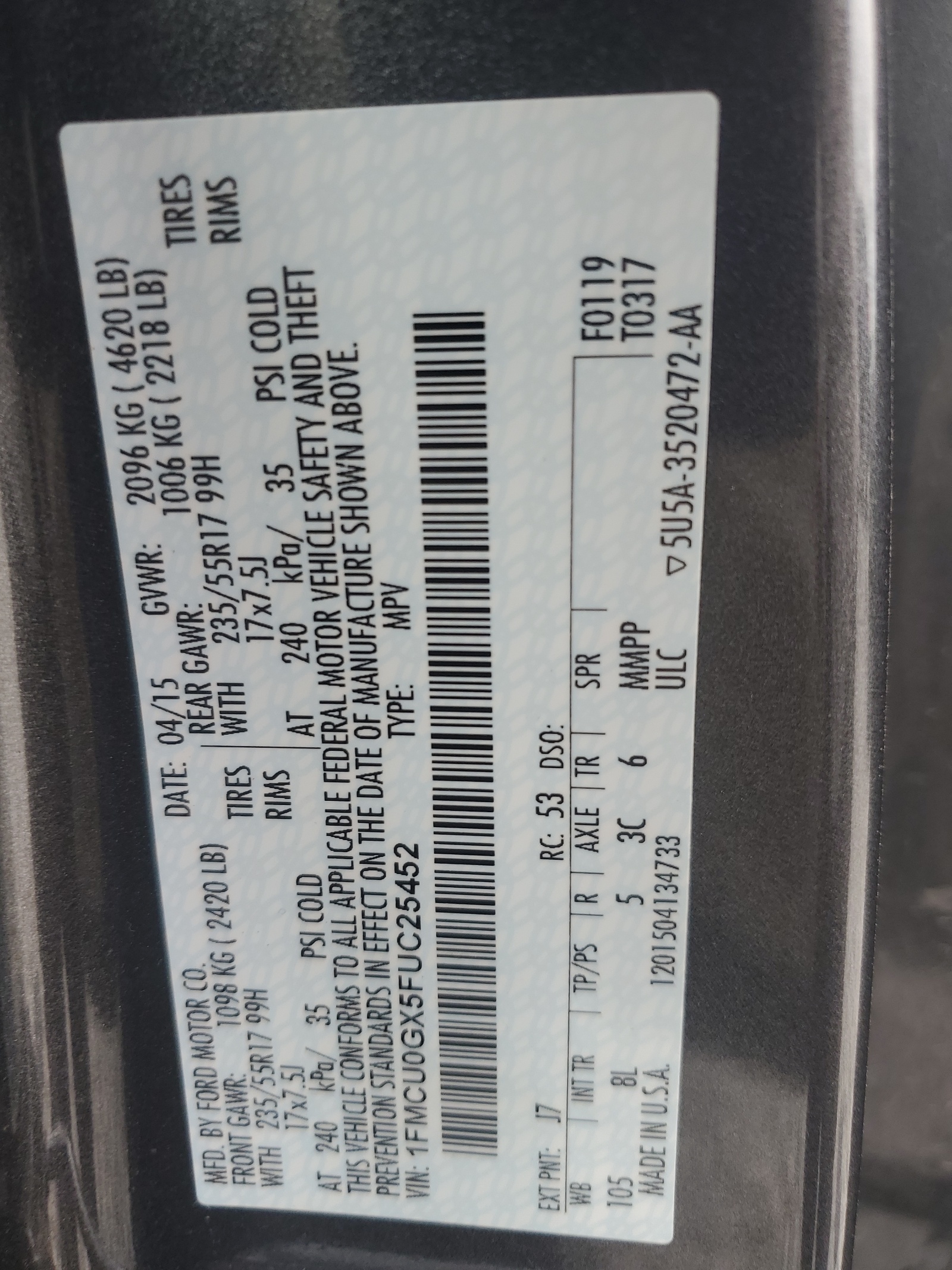 1FMCU0GX5FUC25452 2015 Ford Escape Se