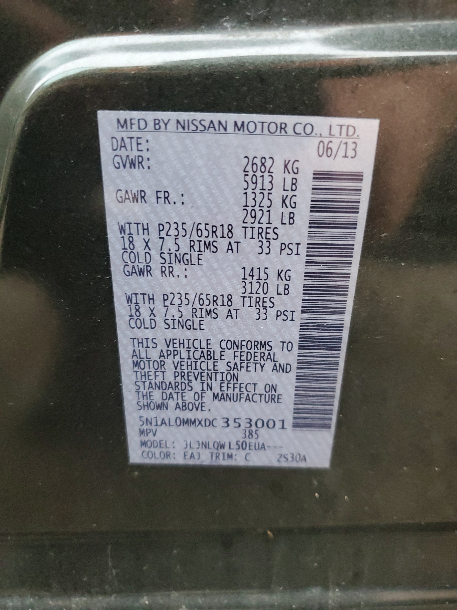 5N1AL0MMXDC353001 2013 Infiniti Jx35