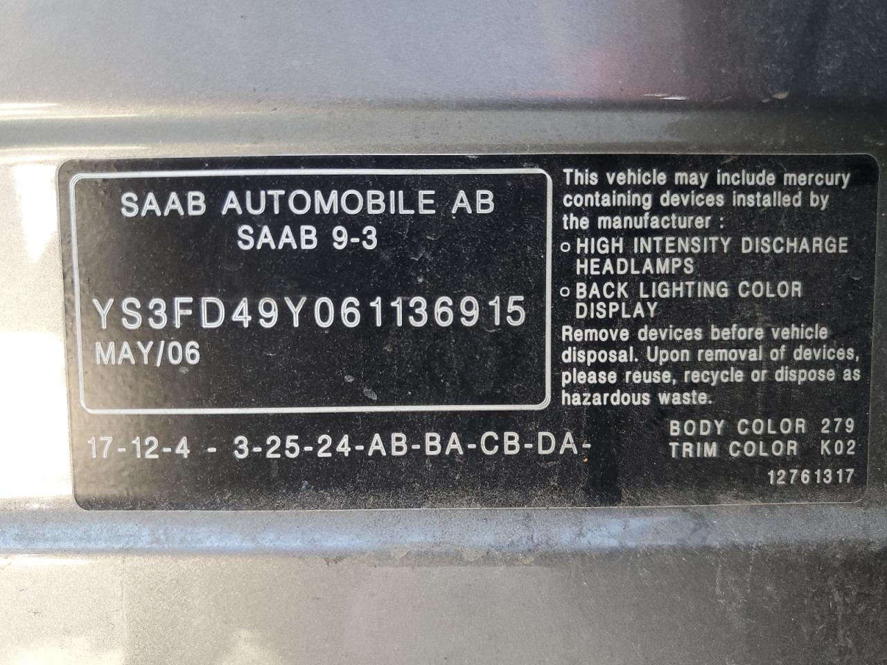 YS3FD49Y061136915 2006 Saab 9-3