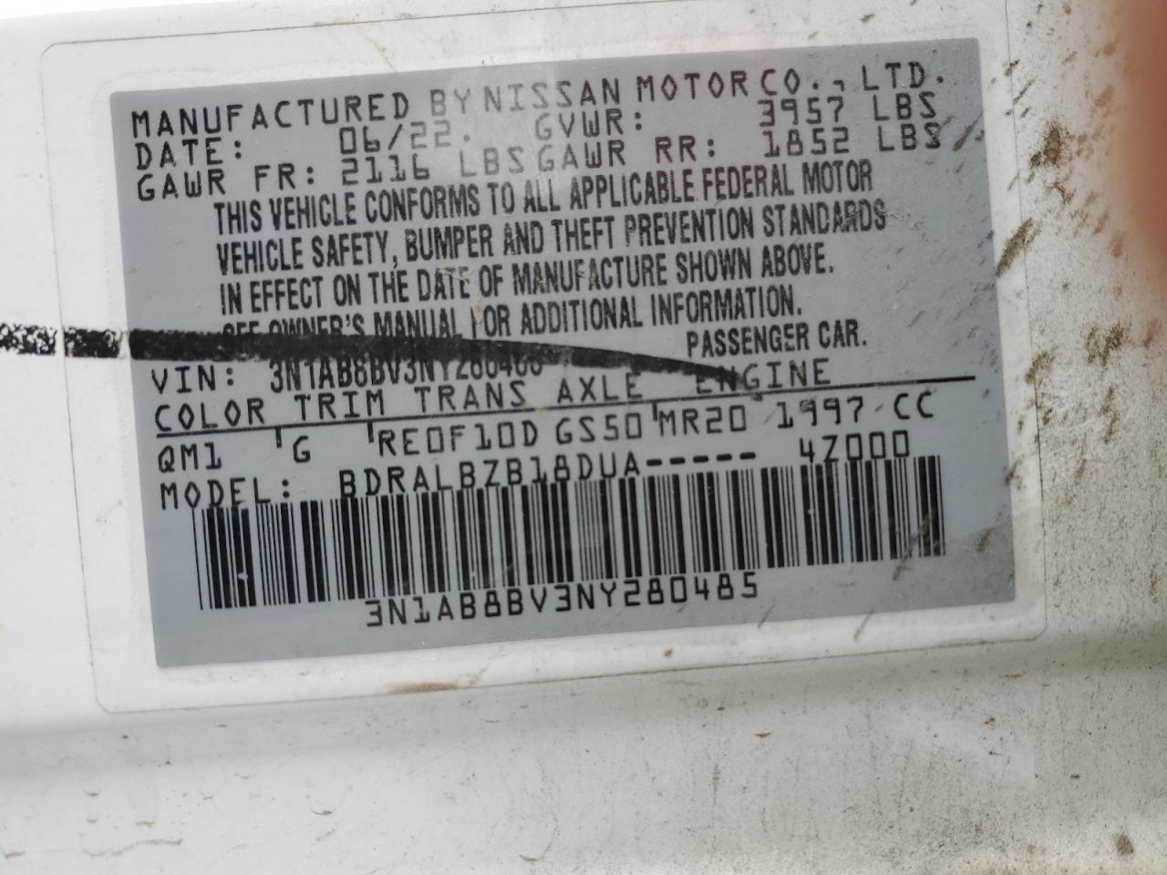 2022 Nissan Sentra S VIN: 3N1AB8BV3NY280485 Lot: 67438084