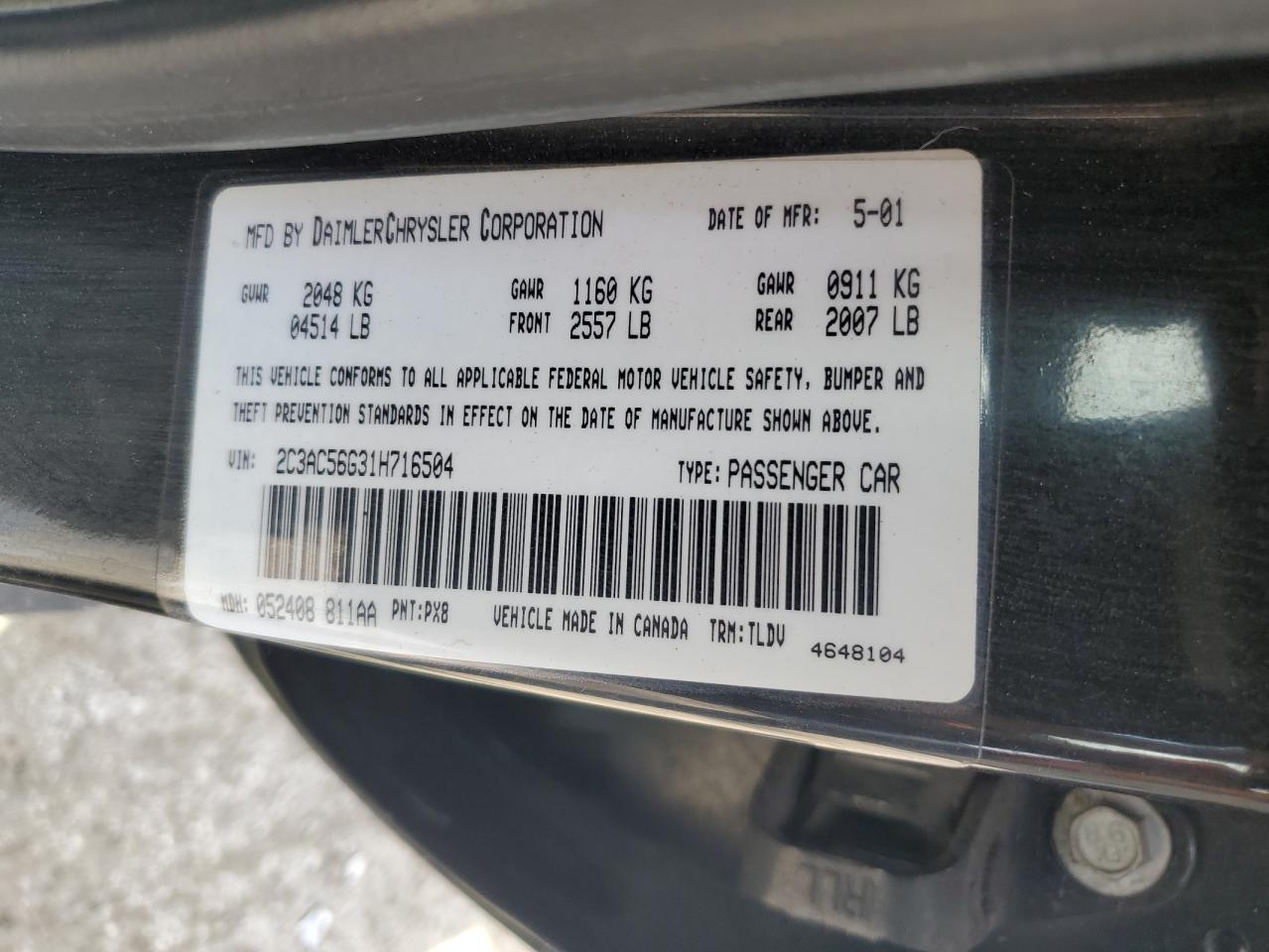 2001 Chrysler Lhs VIN: 2C3AC56G31H716504 Lot: 65176114