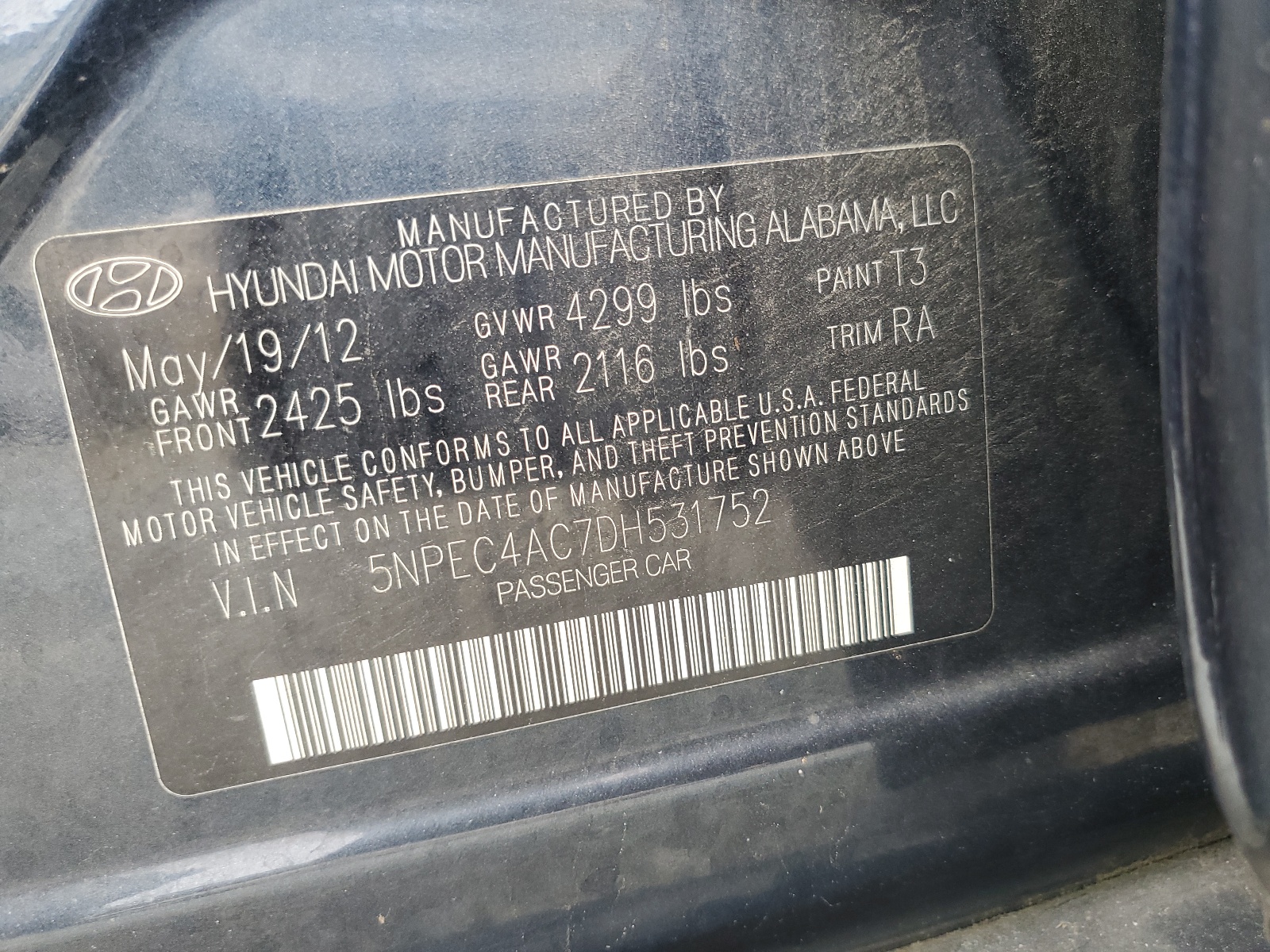 5NPEC4AC7DH531752 2013 Hyundai Sonata Se