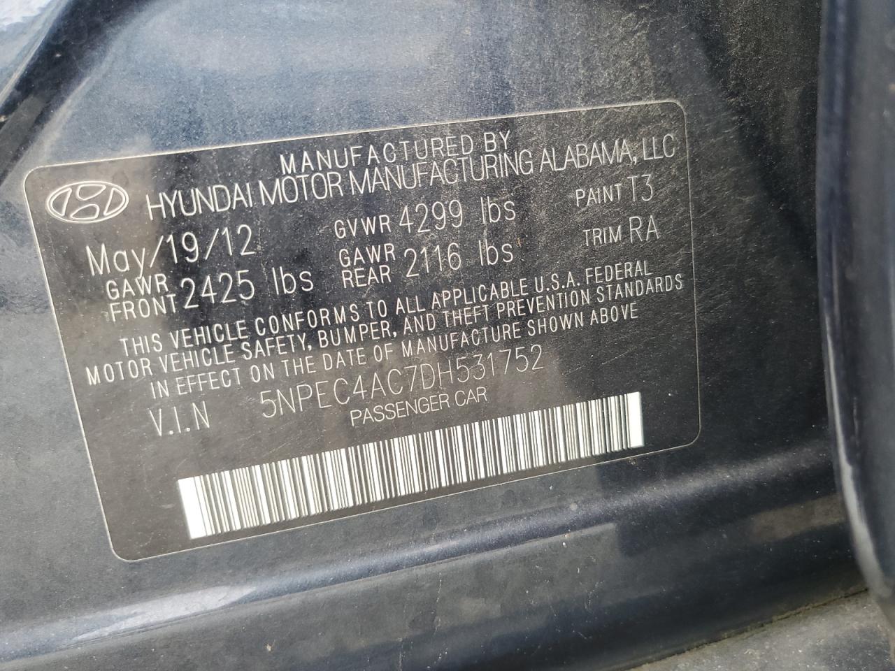 2013 Hyundai Sonata Se VIN: 5NPEC4AC7DH531752 Lot: 67451364