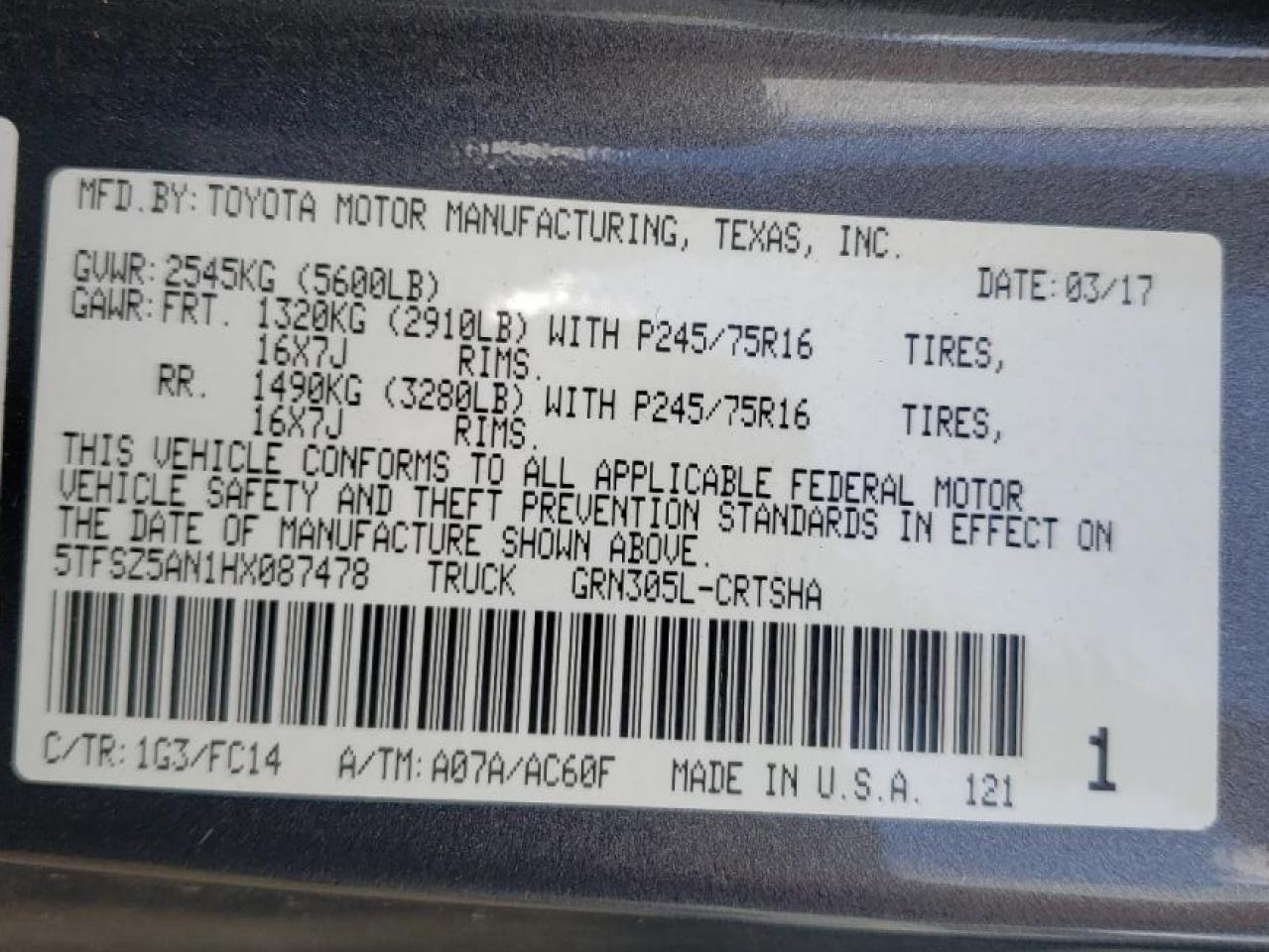 5TFSZ5AN1HX087478 2017 Toyota Tacoma Access Cab