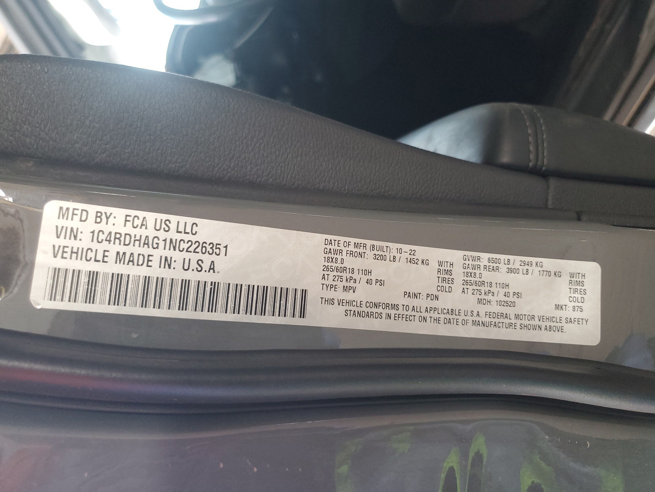 1C4RDHAG1NC226351 2022 Dodge Durango Sxt