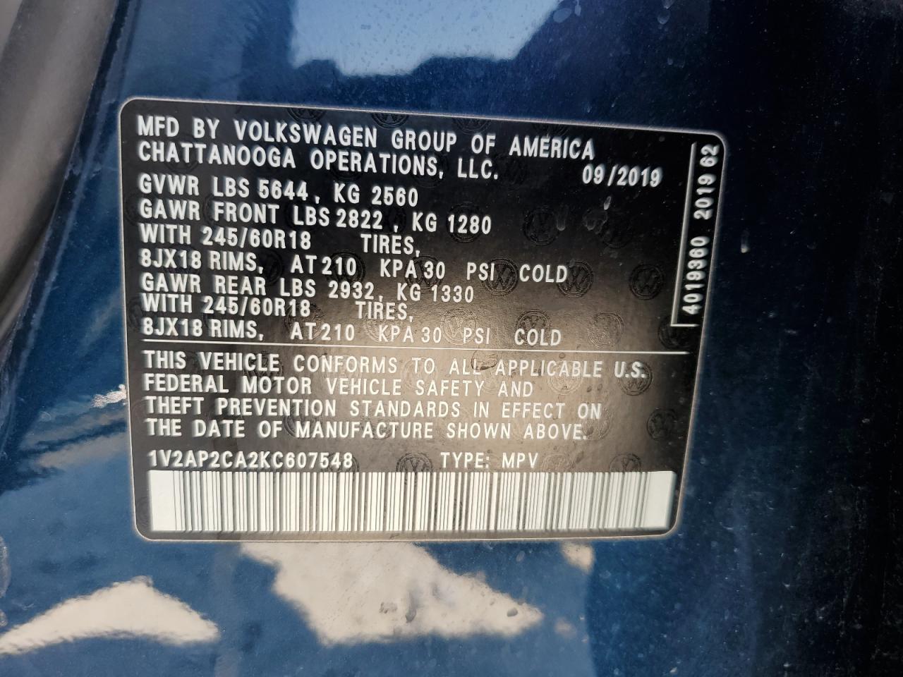 1V2AP2CA2KC607548 2019 Volkswagen Atlas S