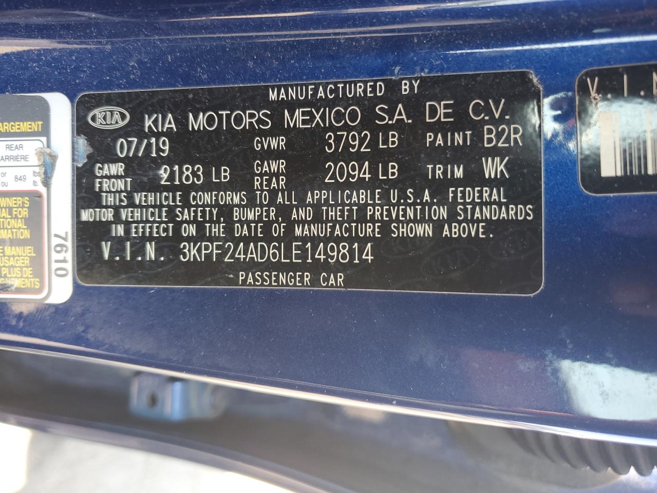 2020 Kia Forte Fe VIN: 3KPF24AD6LE149814 Lot: 67424084