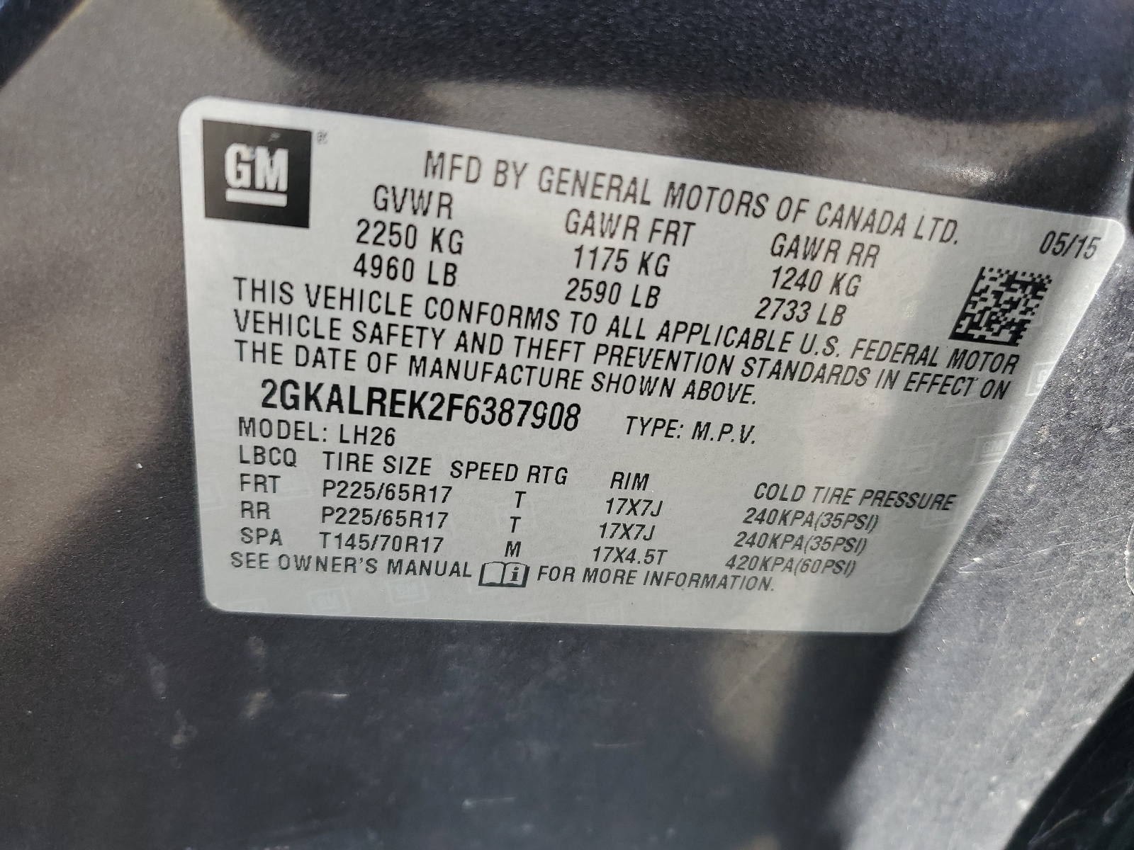 2015 GMC Terrain Sle vin: 2GKALREK2F6387908