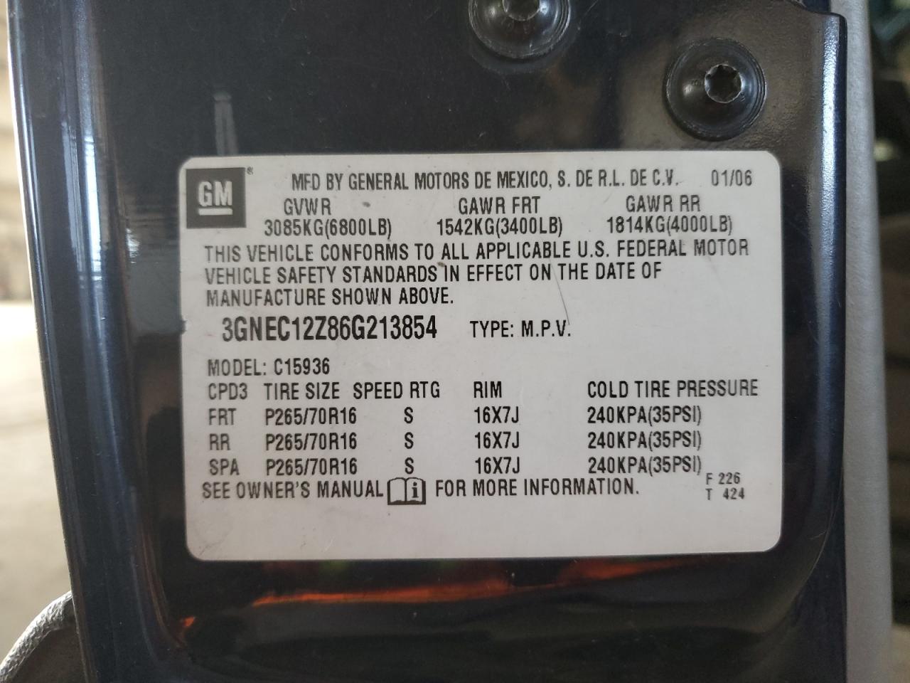 2006 Chevrolet Avalanche C1500 VIN: 3GNEC12Z86G213854 Lot: 52215775