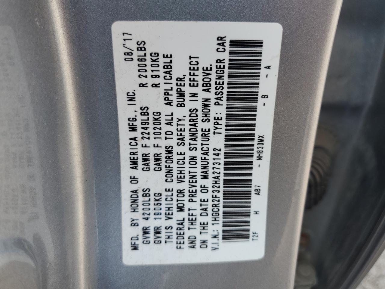 VIN 1HGCR2F32HA273142 2017 HONDA ACCORD no.12