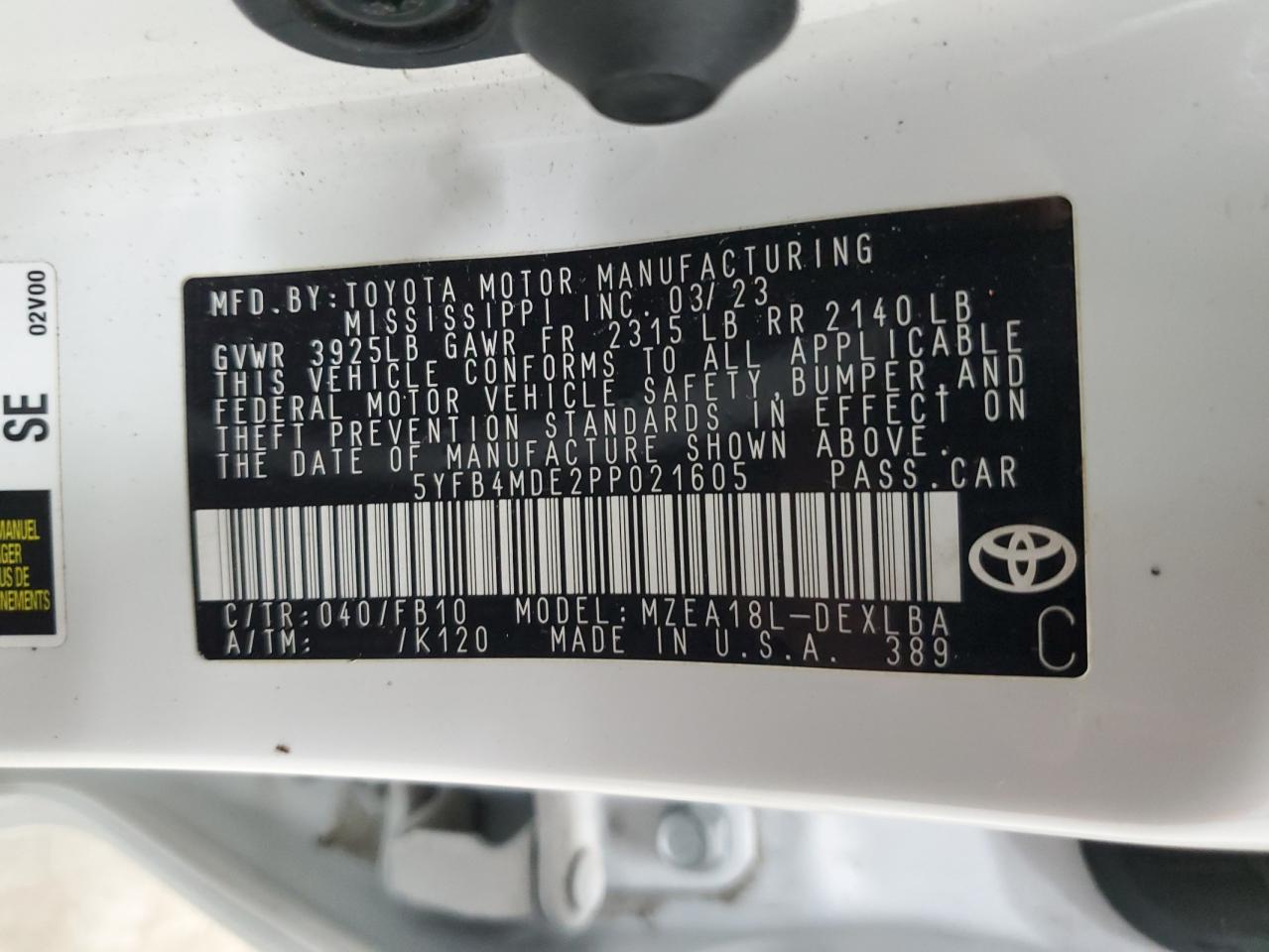 5YFB4MDE2PP021605 2023 Toyota Corolla Le