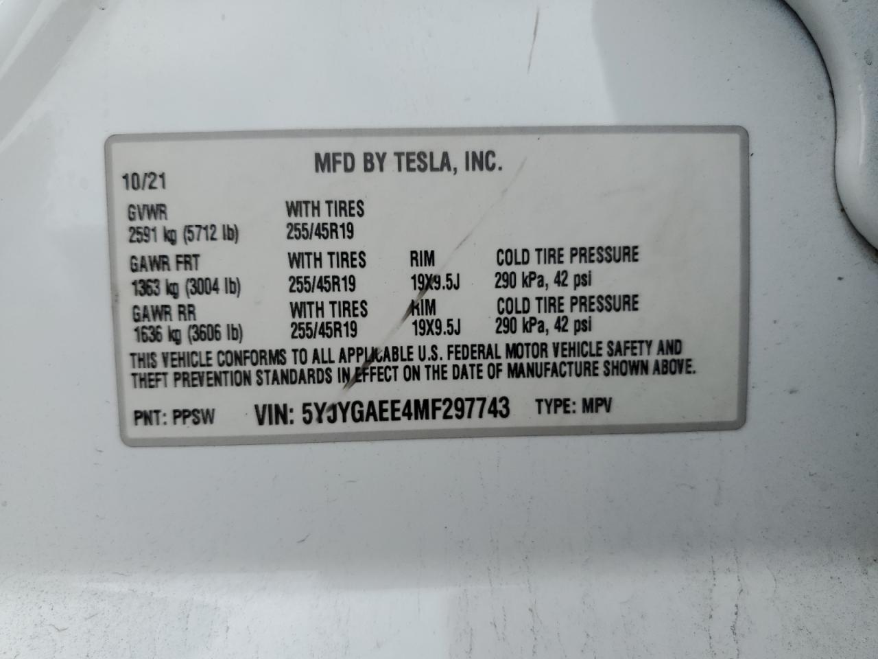 2021 Tesla Model Y VIN: 5YJYGAEE4MF297743 Lot: 69901564