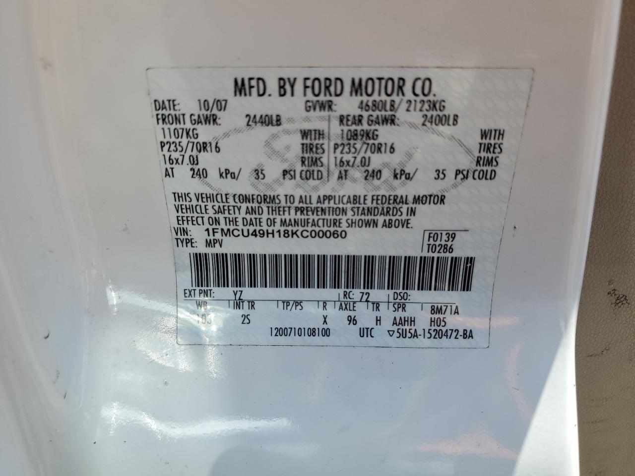 2008 Ford Escape Hev VIN: 1FMCU49H18KC00060 Lot: 66715544