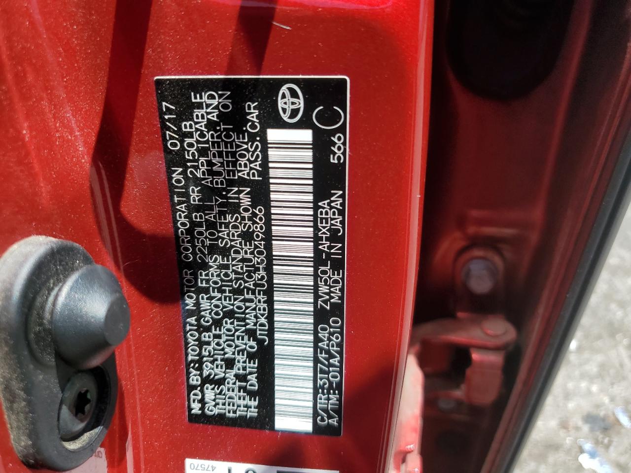 2017 Toyota Prius VIN: JTDKBRFU3H3049866 Lot: 66426574