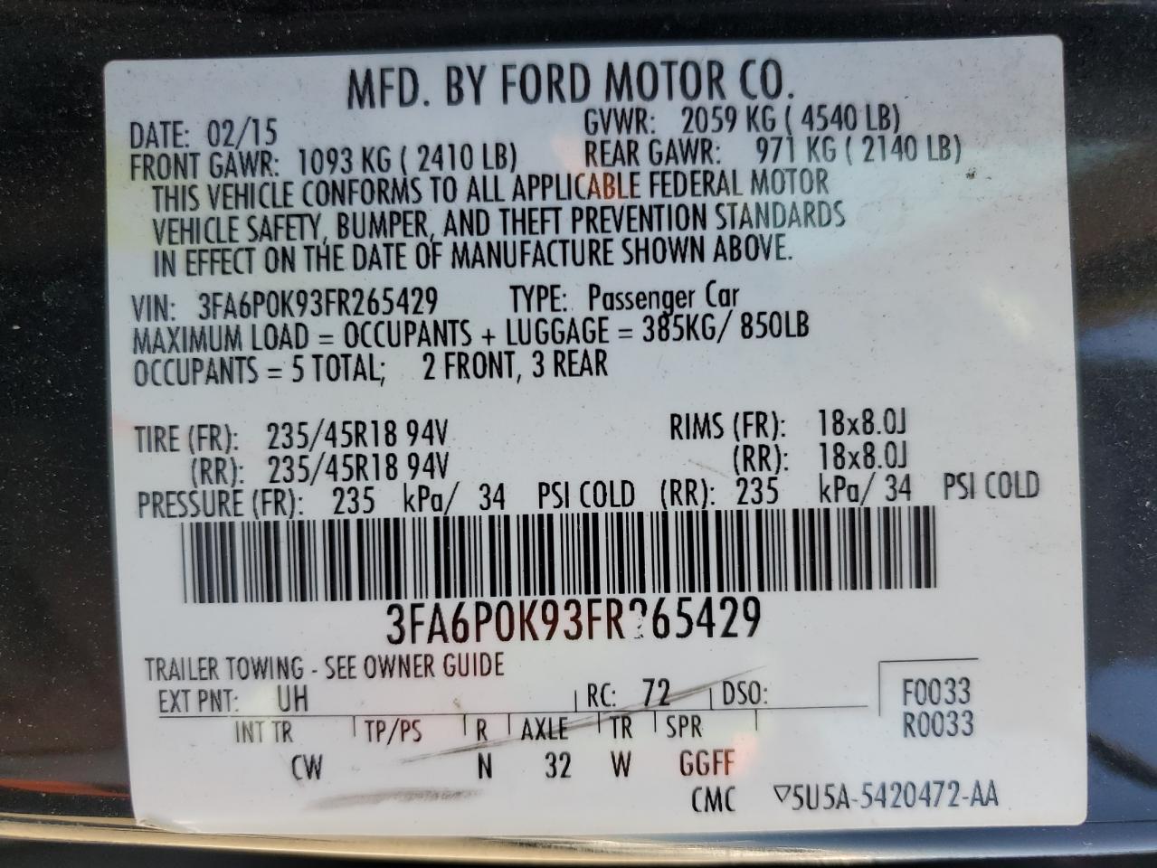 2015 Ford Fusion Titanium VIN: 3FA6P0K93FR265429 Lot: 67004094