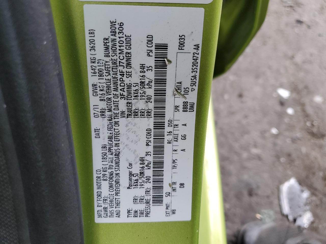 2012 Ford Fiesta Ses VIN: 3FADP4FJ7CM101306 Lot: 67121574