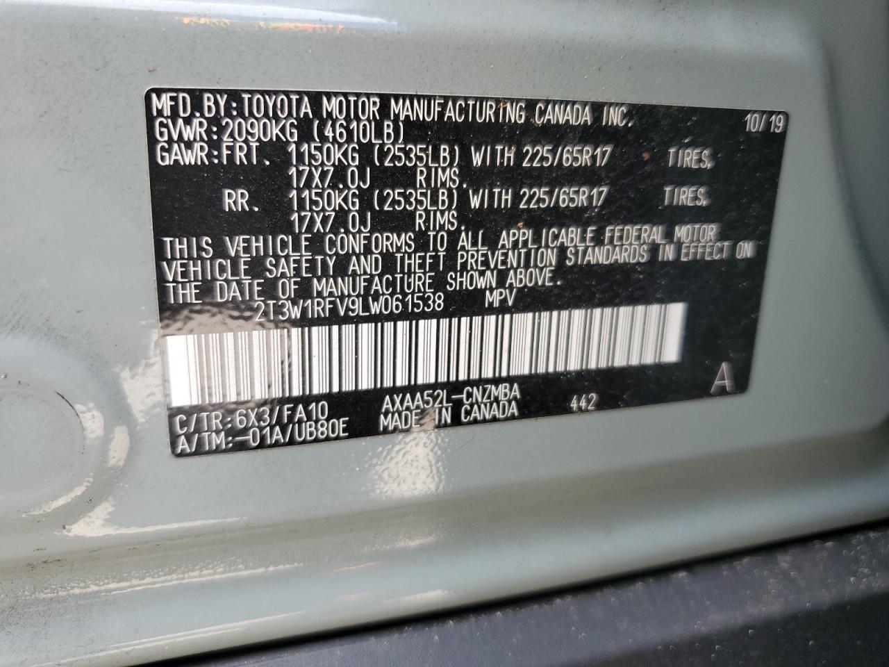 2020 Toyota Rav4 Xle VIN: 2T3W1RFV9LW061538 Lot: 66619564