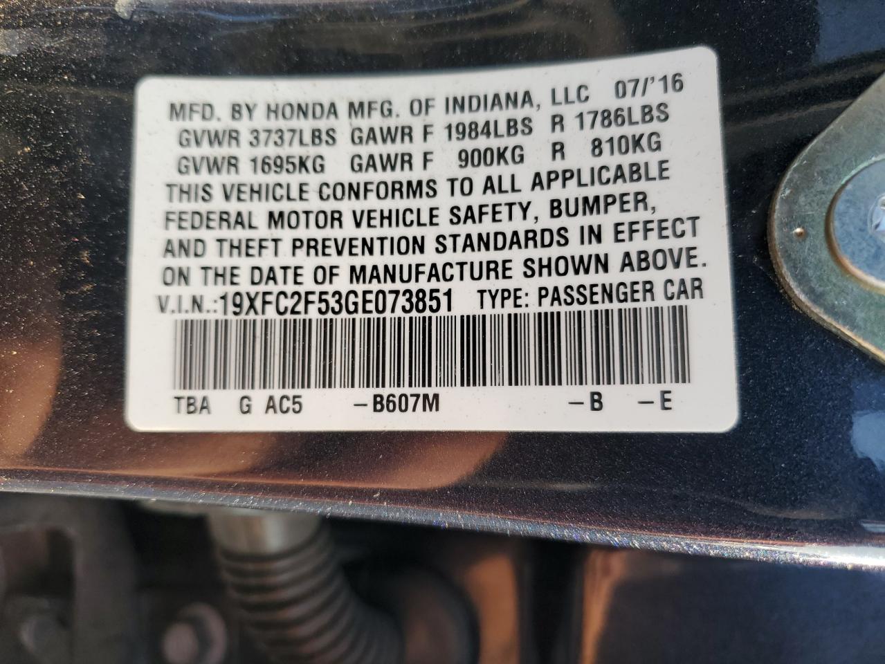 19XFC2F53GE073851 2016 Honda Civic Lx