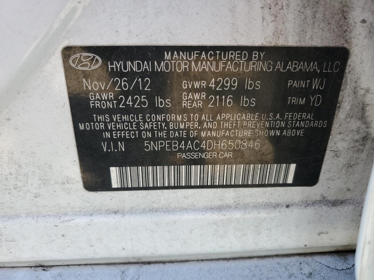 2013 Hyundai Sonata Gls VIN: 5NPEB4AC4DH650846 Lot: 67169644