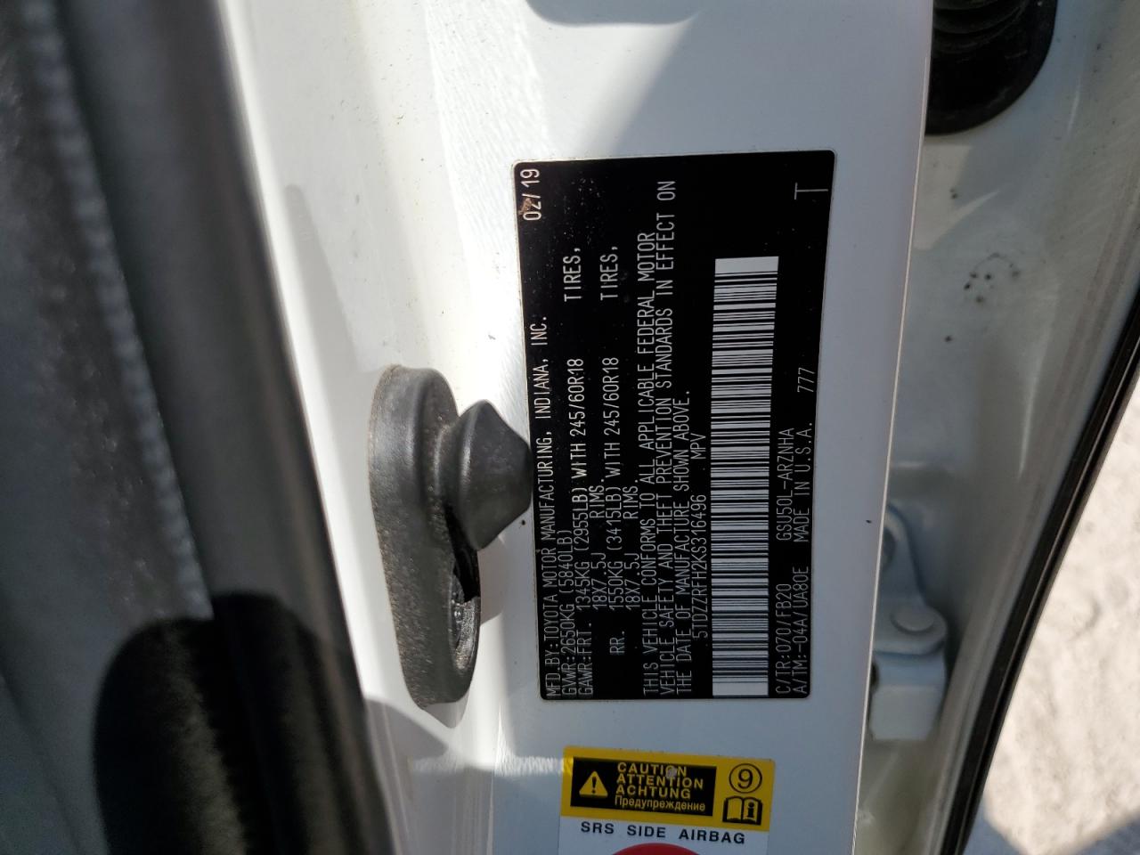 2019 Toyota Highlander Le VIN: 5TDZZRFH2KS316496 Lot: 68454814