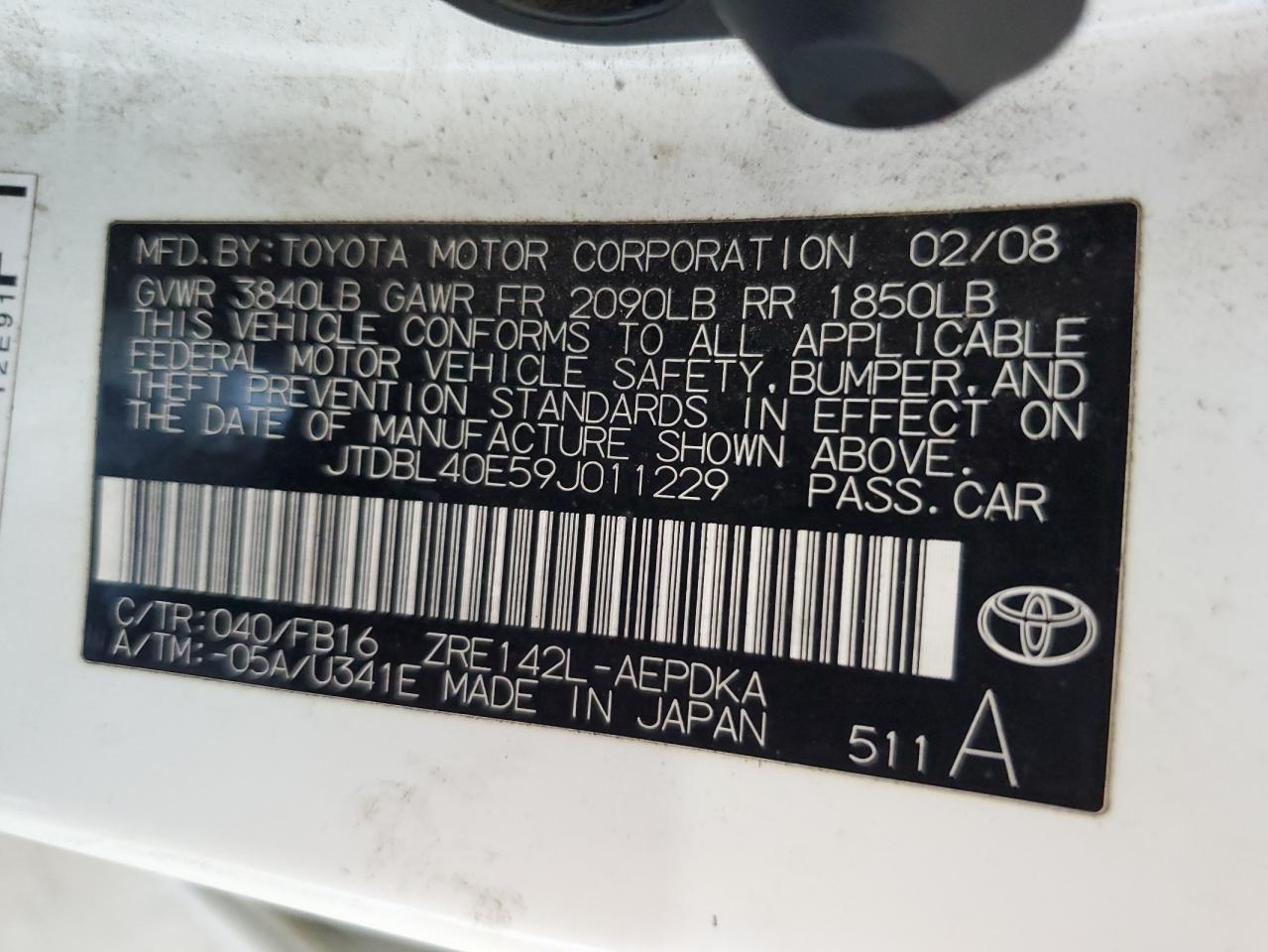 JTDBL40E59J011229 2009 Toyota Corolla Base