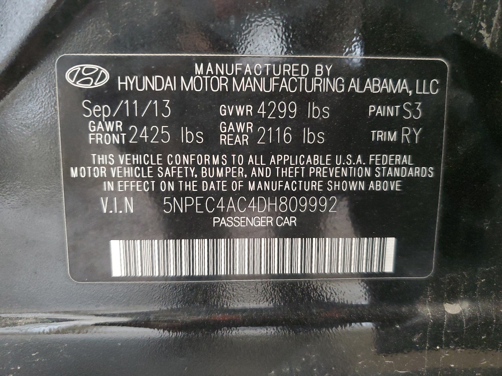 5NPEC4AC4DH809992 2013 Hyundai Sonata Se