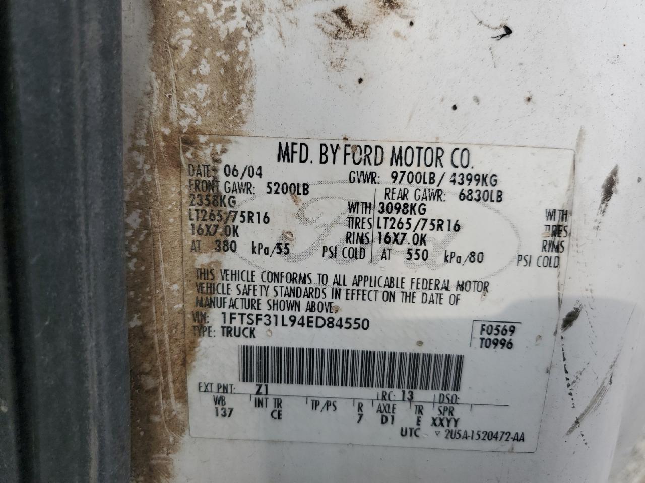 2004 Ford F350 Srw Super Duty VIN: 1FTSF31L94ED84550 Lot: 68979904