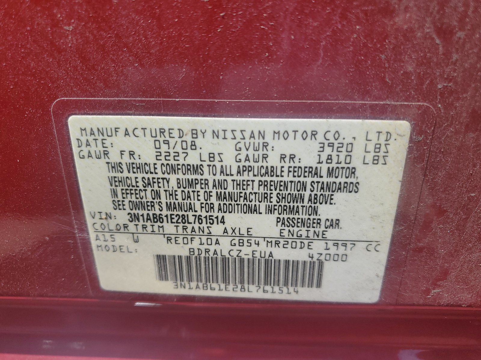 3N1AB61E28L761514 2008 Nissan Sentra 2.0