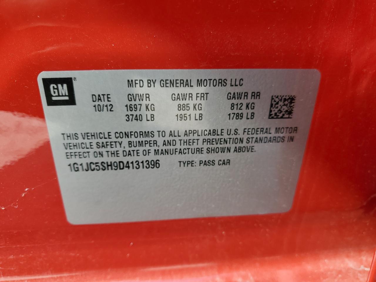 2013 Chevrolet Sonic Lt VIN: 1G1JC5SH9D4131396 Lot: 67606534
