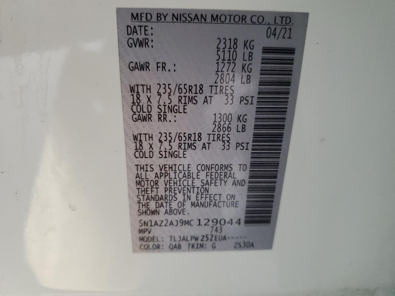 2021 Nissan Murano S VIN: 5N1AZ2AJ9MC129044 Lot: 67281104