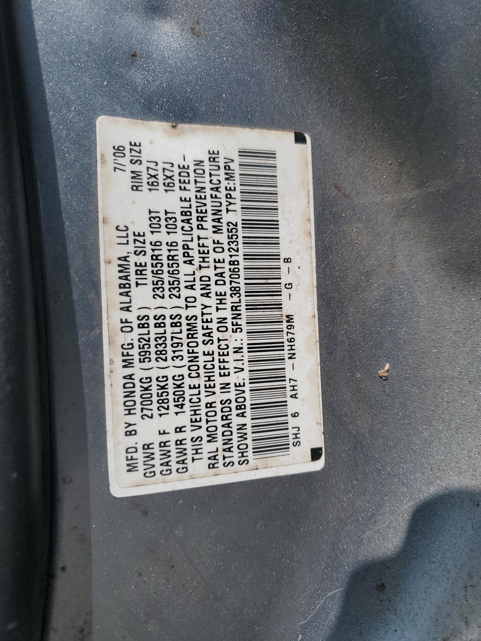 5FNRL38706B123552 2006 Honda Odyssey Exl