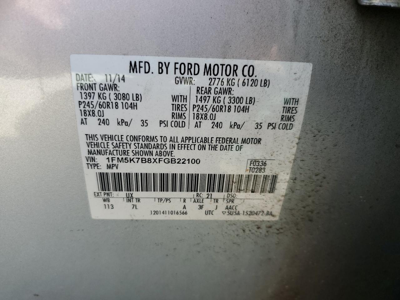 1FM5K7B8XFGB22100 2015 Ford Explorer