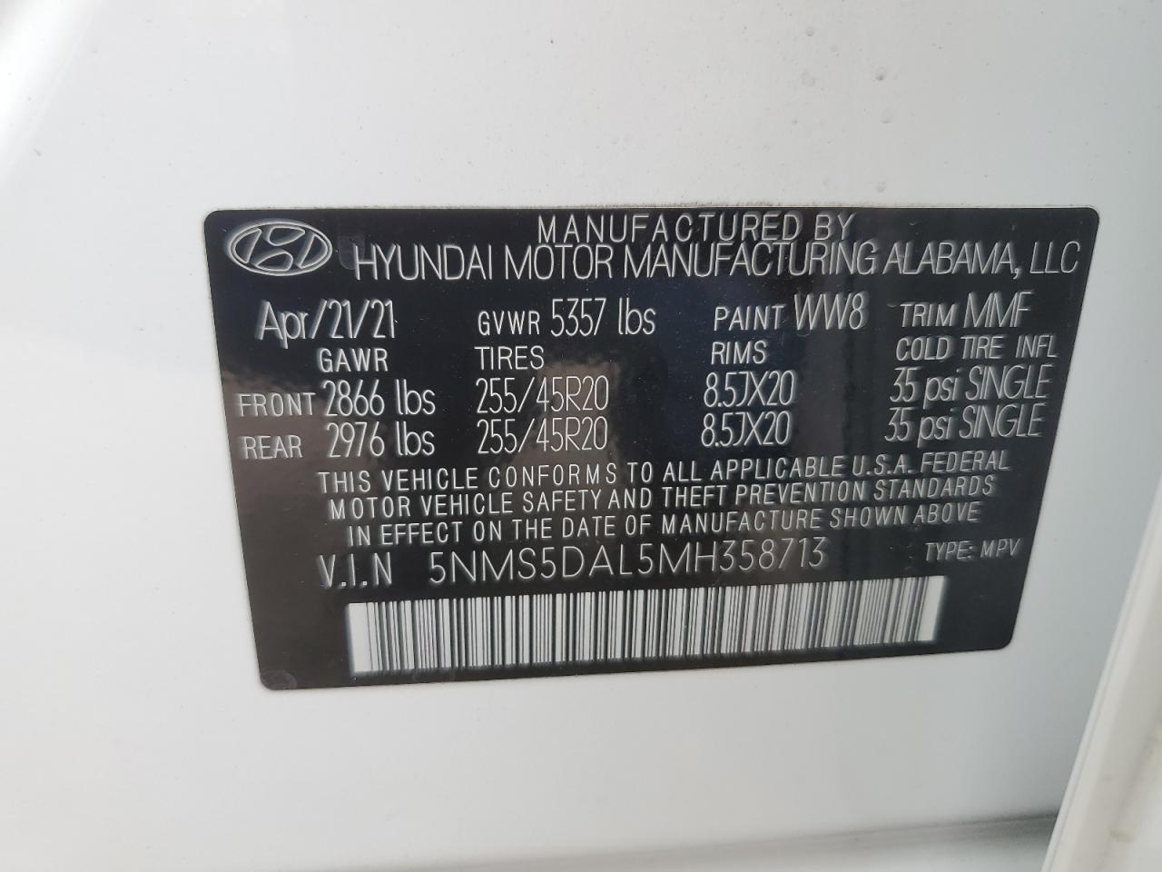 5NMS5DAL5MH358713 2021 Hyundai Santa Fe Calligraphy