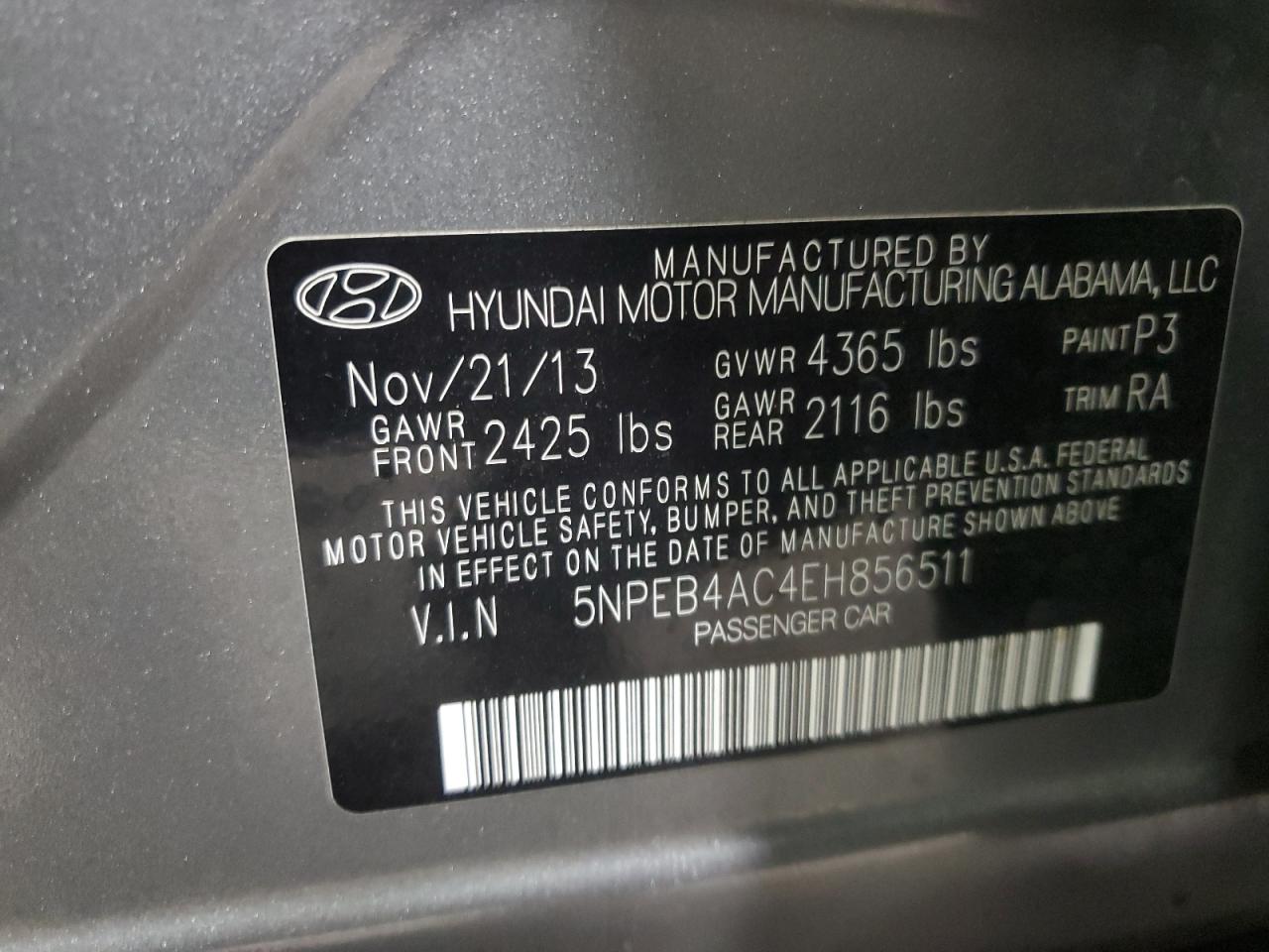 2014 Hyundai Sonata Gls VIN: 5NPEB4AC4EH856511 Lot: 67312804