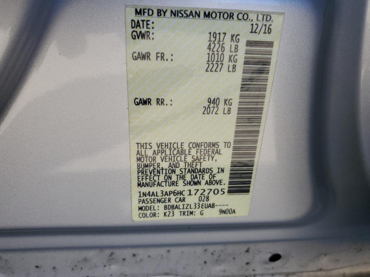 2017 Nissan Altima 2.5 VIN: 1N4AL3AP6HC172705 Lot: 68578824